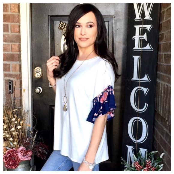 Promesa white floral flutter sleeve relaxed top S - Picture 2 of 7